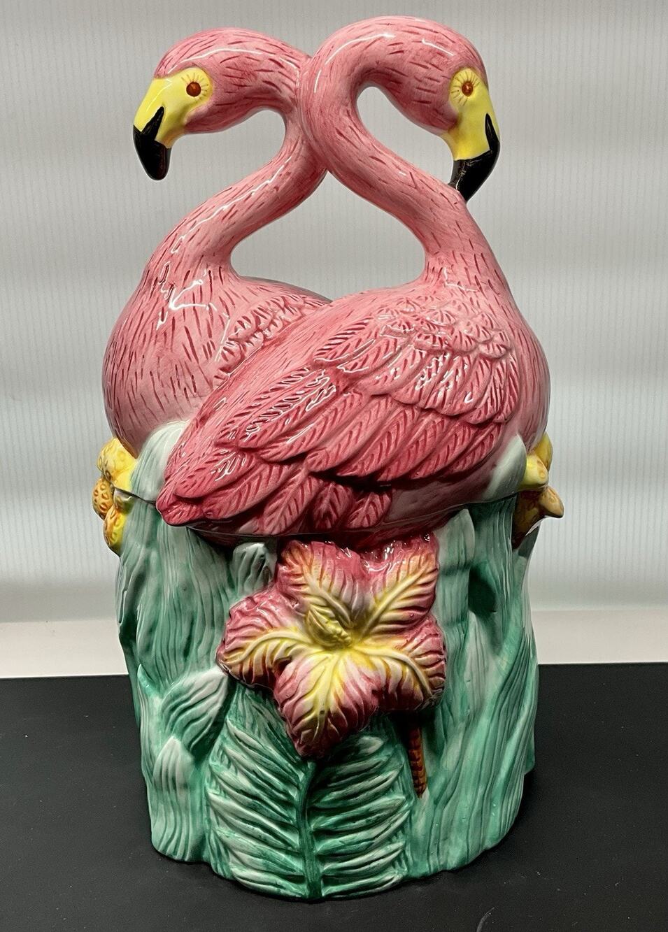 Vintage Lotus 1997 Double Flamingo 12”H Pink/Green/Yellow Cookie Jar
